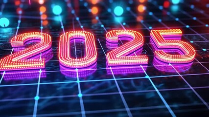 Poster - Bright neon numbers for the upcoming year displayed on a modern digital background