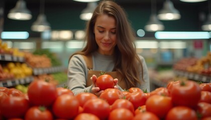 A woman inspects a ripe tomato in her hand, thoughtfully comparing it with others on the display in a lively supermarket filled with colorful fruits and vegetables. Generative AI. Buyer in a store