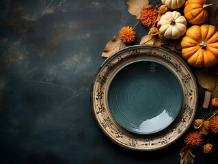 Flat lay composition of autumn harvest pottery and copy space. Rustic stoneware with fall decor. Teal plate on teal background with pumpkins and herbs. Wabi sabi pottery inspiration. Food blog concept