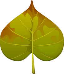 Poster - Cartoon green autumn leaf with brown spots, veins and stem. Isolated vector tree foliage representing seasonal natural beauty and the transition of fall, captures the essence of changing seasons