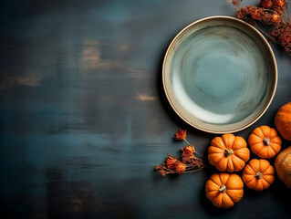 Flat lay composition of autumn harvest pottery and copy space. Rustic stoneware with fall decor. Teal plate on teal background with pumpkins and herbs. Wabi sabi pottery inspiration. Food blog concept