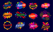 © Vector Tradition - Fiesta holiday party icons, fun carnival event and bright fete symbols. Entertainment event vector signs with color ribbons, confetti and fireworks, stars and sparkles. Summer fest or fete icons