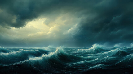 Wall Mural - stormy ocean scene with churning waves and dramatic clouds creates powerful and intense atmosphere. 