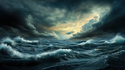 Wall Mural - stormy ocean scene with churning waves and dramatic clouds creates powerful atmosphere. turbulent wa
