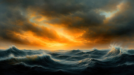 Wall Mural - stormy ocean scene with churning waves and dramatic clouds, illuminated by vibrant sunset. powerful 