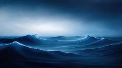 Wall Mural - surreal seascape with rolling waves in deep blue tones, evoking sense of calm and mystery. abstract 