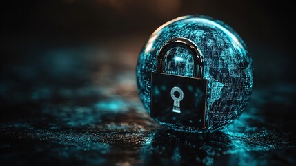 Poster - Globe with digital padlock, dark background. Concept of global cybersecurity and digital protection, Ai