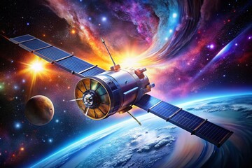 Wall Mural - futuristic vector illustration of a spacecraft in orbit with bright stars and cosmic background