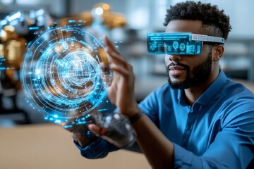 Poster - Realistic image of an engineer using augmented reality glasses to overlay digital information on a physical object during the reverse engineering process