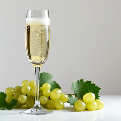 Sparkling beverage in a fluted glass surrounded by fresh green grapes