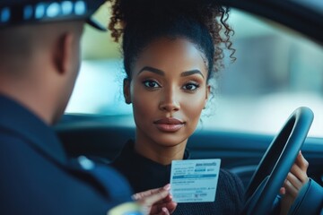 Sticker - A woman holds her driver's license in a car, ready to start driving