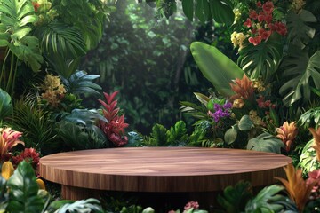 Aufkleber - A wooden table decorated with various plants and flowers
