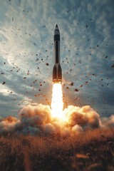 Poster - A space shuttle blasting off from a green field, with flames and smoke in the air