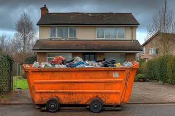 Poster - A large orange dumpster is situated outside a residential house, possibly indicating waste management or construction activities
