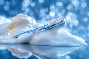 Poster - A toothbrush rests atop a stack of soft, white foam