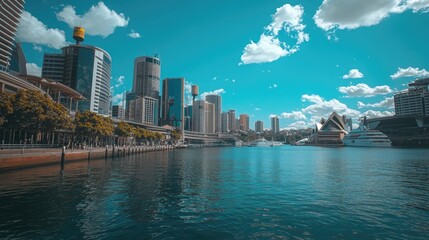 Poster - A scenic view of a city skyline from across the water, great for use in travel or urban planning projects