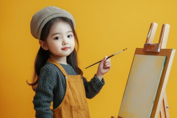 Poster - Young girl creating art on a wooden easel, paintbrush in hand