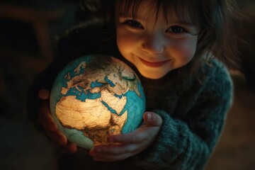 Poster - A young girl holds a shining orb, ideal for illustrations and designs related to magic, wonder, or fantasy