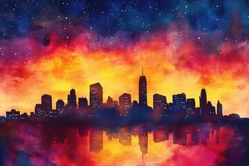 Poster - A city skyline with bright lights and buildings at nighttime, suitable for urban or metropolitan-themed projects