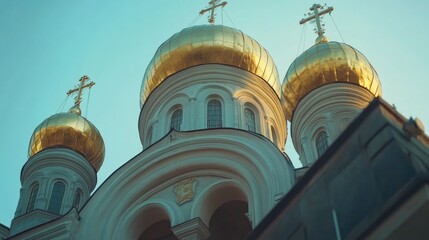 Poster - A beautiful church with golden domes standing out against a clear blue sky
