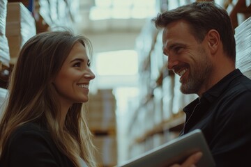 Aufkleber - A couple standing together in a large warehouse, possibly a storage facility or an industrial space
