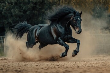 Canvas Print - A black horse gallops across a dirt field, manure flying behind it