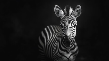 Canvas Print - A close-up of a zebra's face in monochrome, highlighting its unique stripes