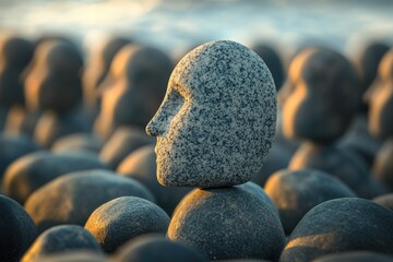Poster - A weathered stone head sits atop a pile of rocks in a natural setting