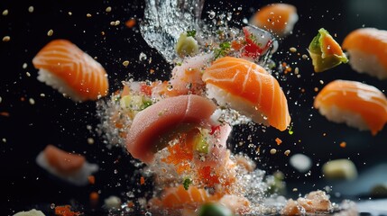 Poster - A bunch of sushi pieces falling from above into the ocean