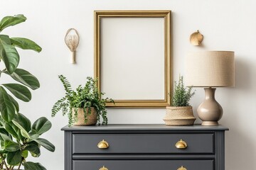 Poster - Simple bedroom furniture with a lamp and picture frame on top
