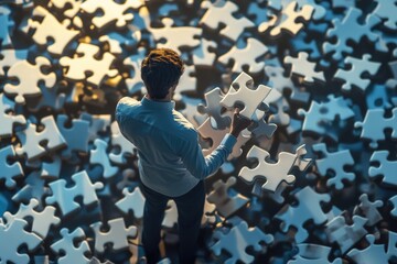 Aufkleber - A person holds a single puzzle piece in front of a large collection of similar pieces, ideal for use in illustrations about problem-solving or creative thinking