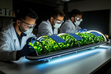 Poster - Realistic image of scientists in a clean energy lab, working on tomorrowâ€™s solutions for renewable energy storage, with futuristic batteries and solar panels displayed, symbolizing the future