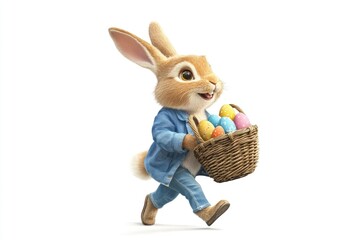 Poster - A cuddly stuffed rabbit holds a basket filled with colorful Easter eggs