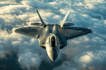 Poster - A fighter jet soaring through the sky above fluffy white clouds