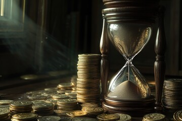 Aufkleber - A traditional hourglass sits atop a stack of shiny coins, symbolizing time and wealth