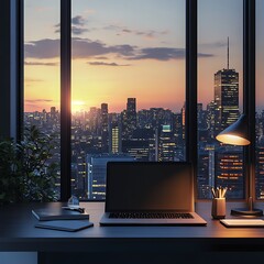 Poster - A modern office with a laptop and city skyline at sunset.