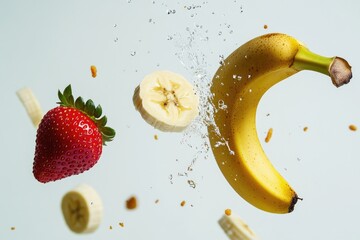 Poster - A banana and strawberry fall into the water in this bright and colorful scene