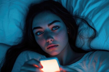 Aufkleber - A woman lying in bed holding a cell phone, possibly checking social media or texting