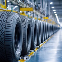 Close-up of a tire manufacturing facility showcasing neatly arranged tires along the production line in a modern industrial setting.