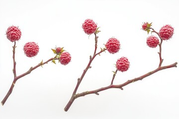 Poster - Fresh raspberries grow on a branch with white flowers, ideal for food or decoration