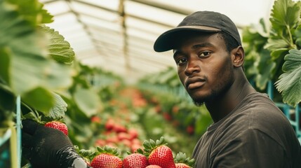 Sticker - A man holds a bunch of fresh strawberries in a greenhouse setting