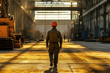 Poster - A worker wearing a hard hat and safety vest walks through a busy factory