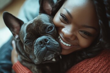 Poster - A woman cuddles with her loyal canine companion on a cozy couch