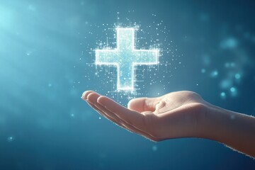 Poster - A close-up of a person's hand grasping a radiant cross, symbolizing hope and faith