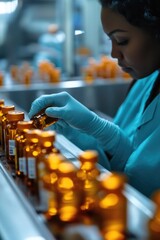 Aufkleber - A woman in a lab coat and gloves is working on bottles, likely conducting experiments or testing samples