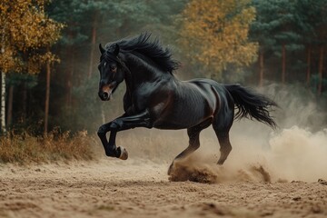 Poster - A black horse runs freely in a green field surrounded by tall trees