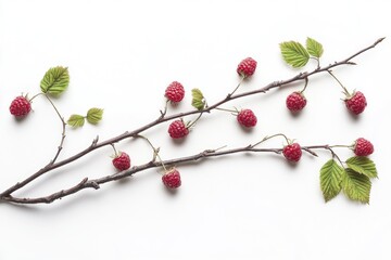 Canvas Print - Fresh raspberries and leaves on a white background, great for food or nature themed photoshoots