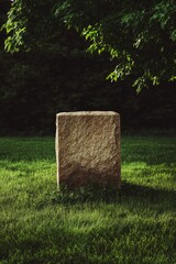 Aufkleber - A single stone sits in the center of a lush, green field