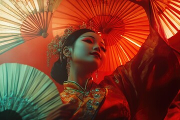 Poster - A woman holds a bright red umbrella on a rainy day or during a storm, suitable for weather-themed or fashion-related designs