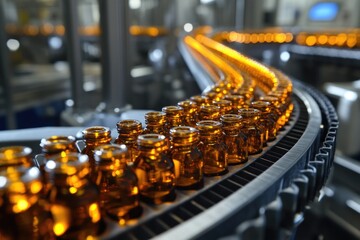 Aufkleber - A moving conveyor belt filled with bottles of beer, ready for packaging and distribution